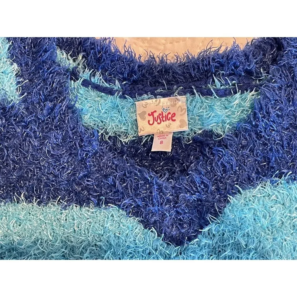 Justice Girls fuzzy shirt V-neck Size 8 Blue Stripes So Soft